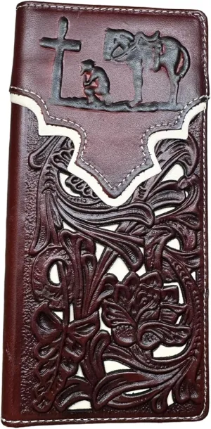 Mens Cowboy Praying Western Long Wallet Floral Cutout Layered Leather Soft Leather Checkbook Style Mens Wallets Leather Bull Rider Rodeo Gifts For Men (Maroon & White)