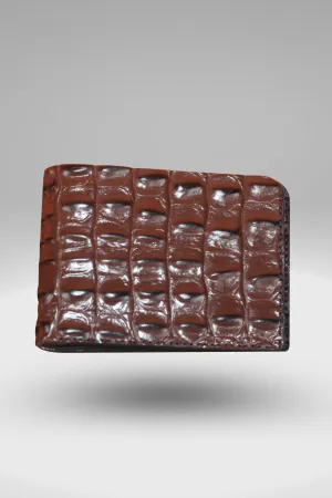 Men's Glossy Dark Brown Genuine Cowhide Leather Wallet With Crocodile Textured Finish | Bifold Hand-Made Leather Wallet