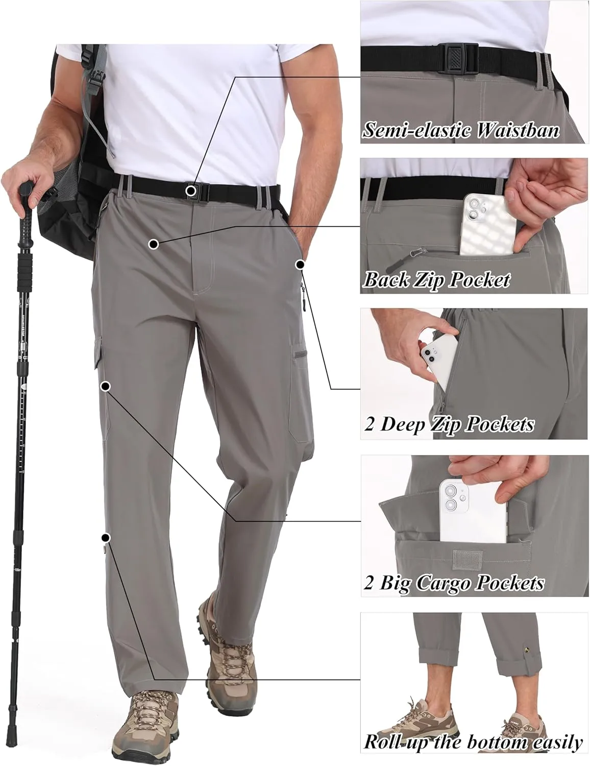 Men's Hiking Cargo Pants Lightweight Tactical Pants Waterproof Travel Work Outdoor Pants with Belt Multi Pockets