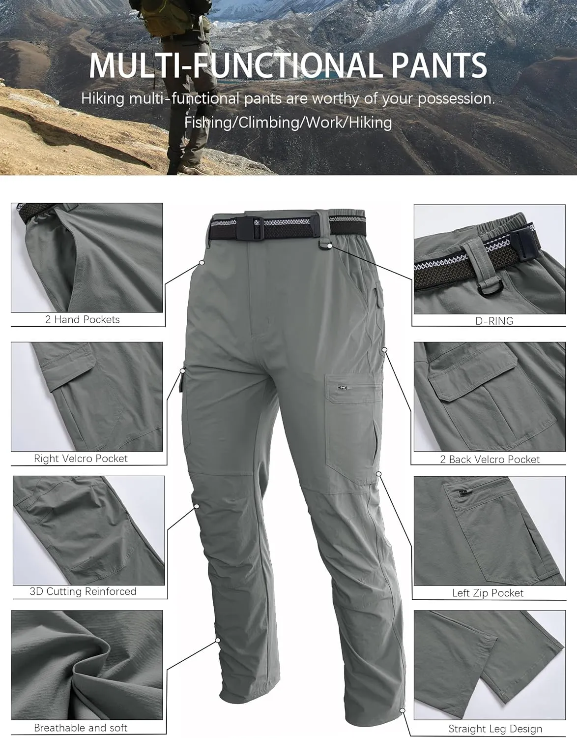 Men's Hiking Cargo Work Pants Lightweight Waterproof Quick Dry Camping Fishing Travel Outdoor Pants