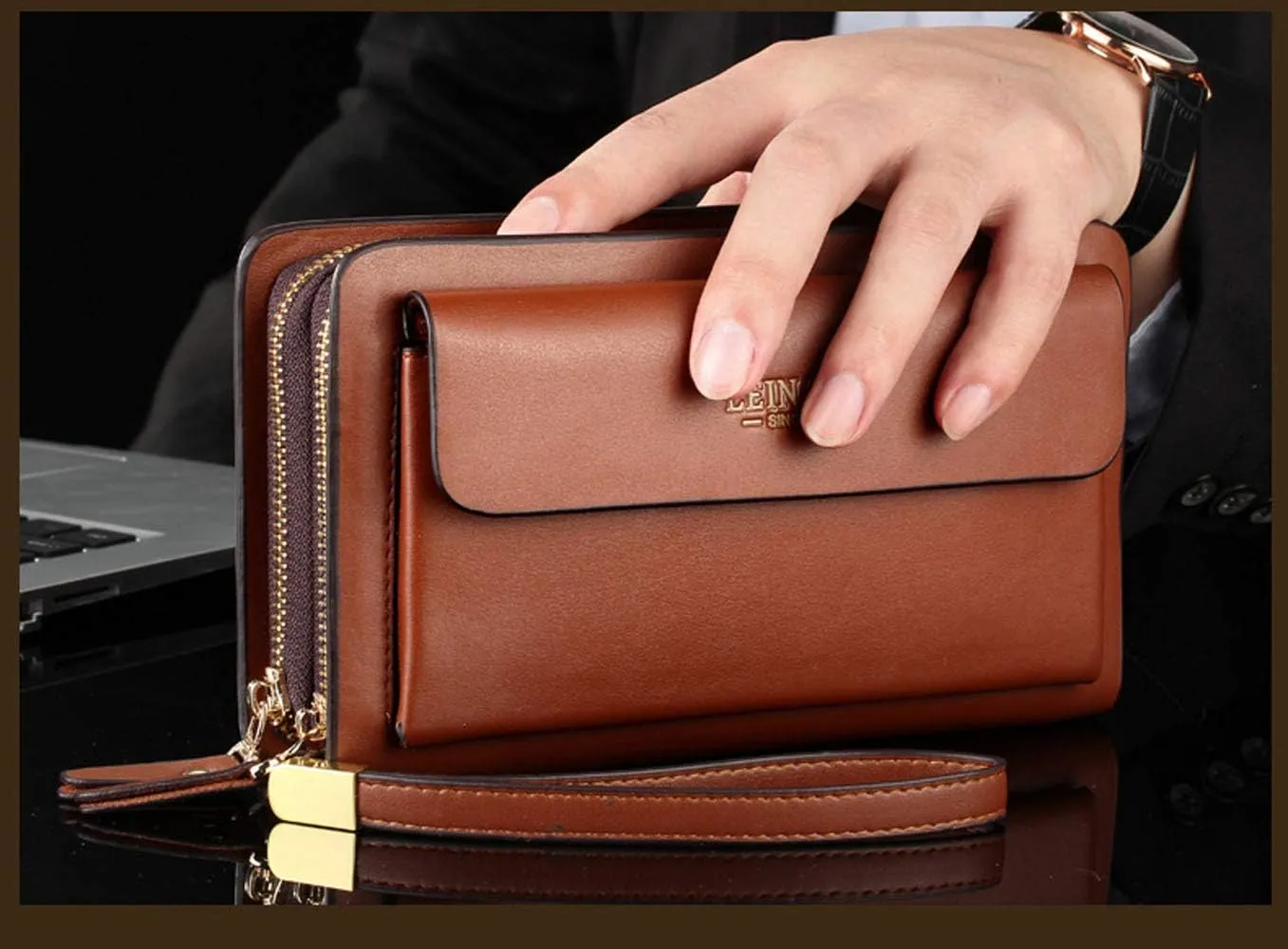 Mens Large Long Leather Clutch Hand Bag Wallet Purse Travel Passport Business Cell Phone Holster Credit Card Holder Wallets