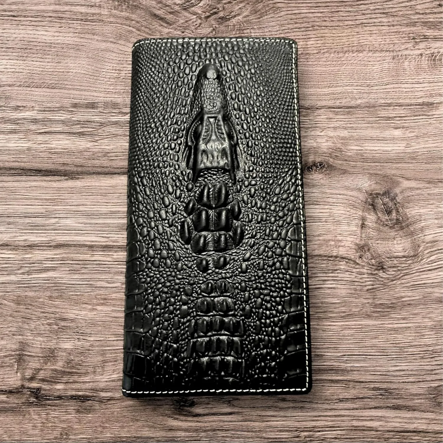 Mens Leather Long Wallet Alligator Head Design Cowboy Western Leather Wallet High End Mens Wallets Leather Bull Rider Rodeo Gifts For Men (Black)