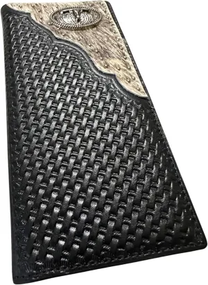 Mens Leather Long Wallet Basketweave Longhorn Concho Cowhair Inlay Cowboy Western Leather Wallet High End Mens Wallets Leather Bull Rider Rodeo Gifts For Men (Black)