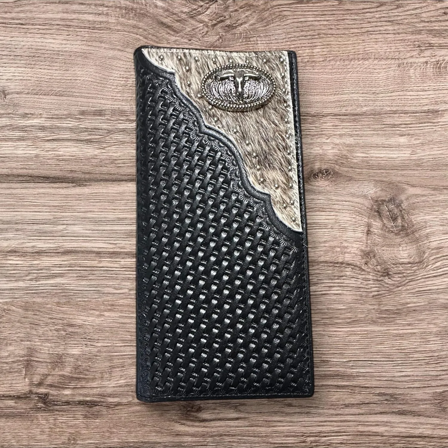 Mens Leather Long Wallet Basketweave Longhorn Concho Cowhair Inlay Cowboy Western Leather Wallet High End Mens Wallets Leather Bull Rider Rodeo Gifts For Men (Black)