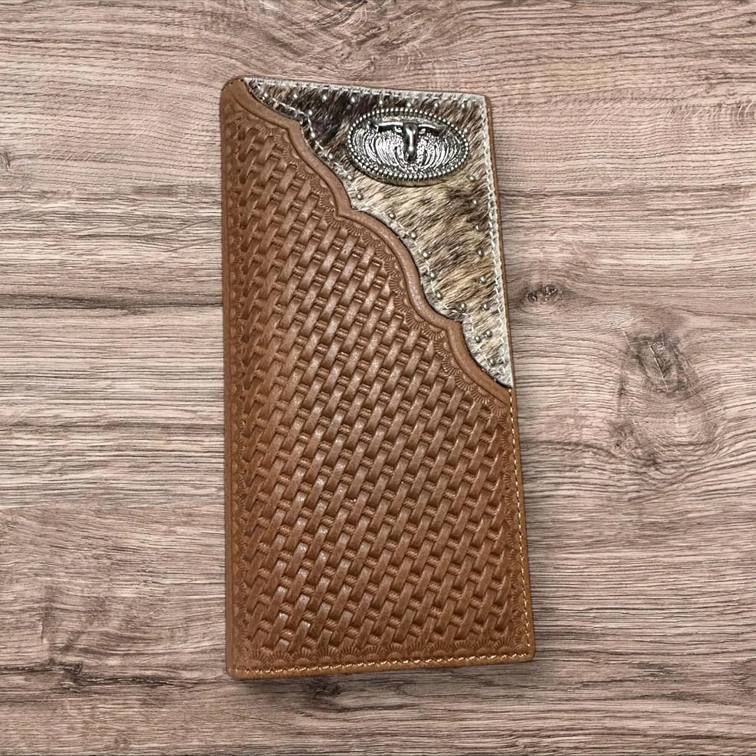 Mens Leather Long Wallet Basketweave Longhorn Concho Cowhair Inlay Cowboy Western Leather Wallet High End Mens Wallets Leather Bull Rider Rodeo Gifts For Men (Brown)