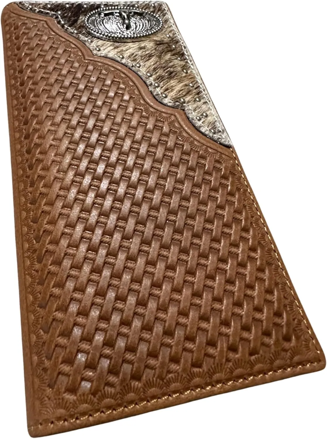 Mens Leather Long Wallet Basketweave Longhorn Concho Cowhair Inlay Cowboy Western Leather Wallet High End Mens Wallets Leather Bull Rider Rodeo Gifts For Men (Brown)