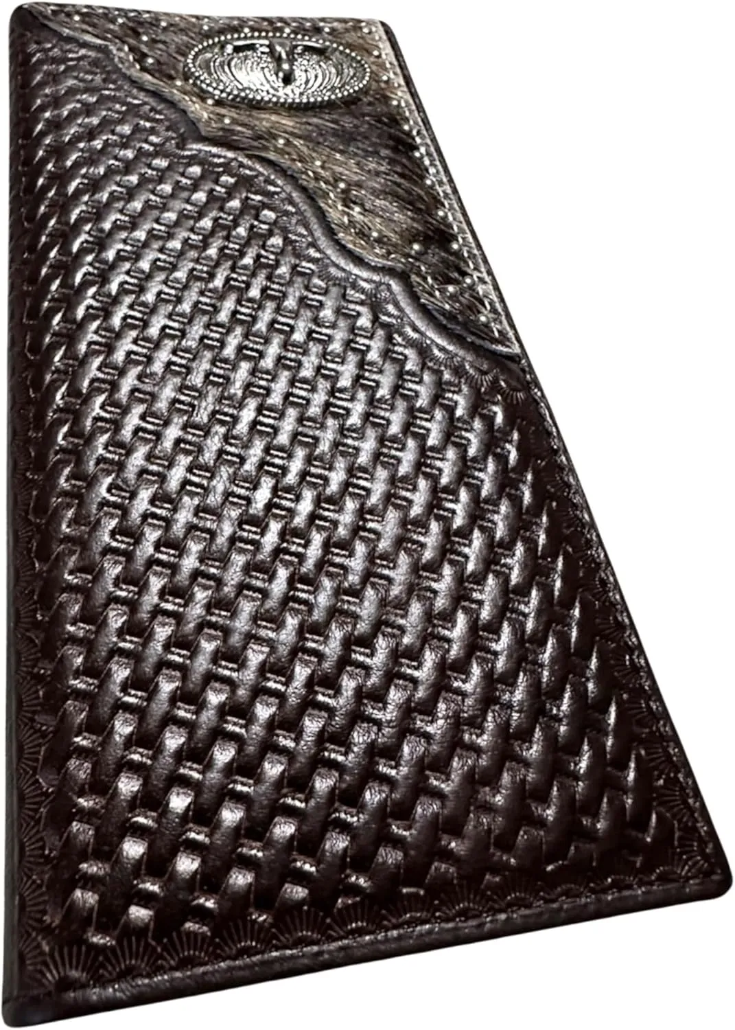 Mens Leather Long Wallet Basketweave Longhorn Concho Cowhair Inlay Cowboy Western Leather Wallet High End Mens Wallets Leather Bull Rider Rodeo Gifts For Men (Coffee)