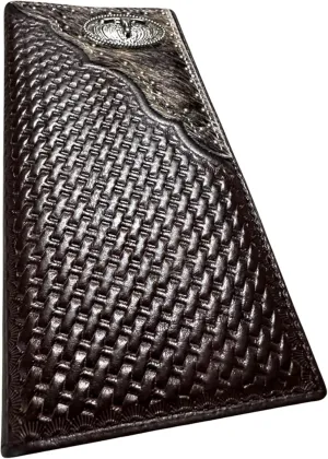 Mens Leather Long Wallet Basketweave Longhorn Concho Cowhair Inlay Cowboy Western Leather Wallet High End Mens Wallets Leather Bull Rider Rodeo Gifts For Men (Coffee)