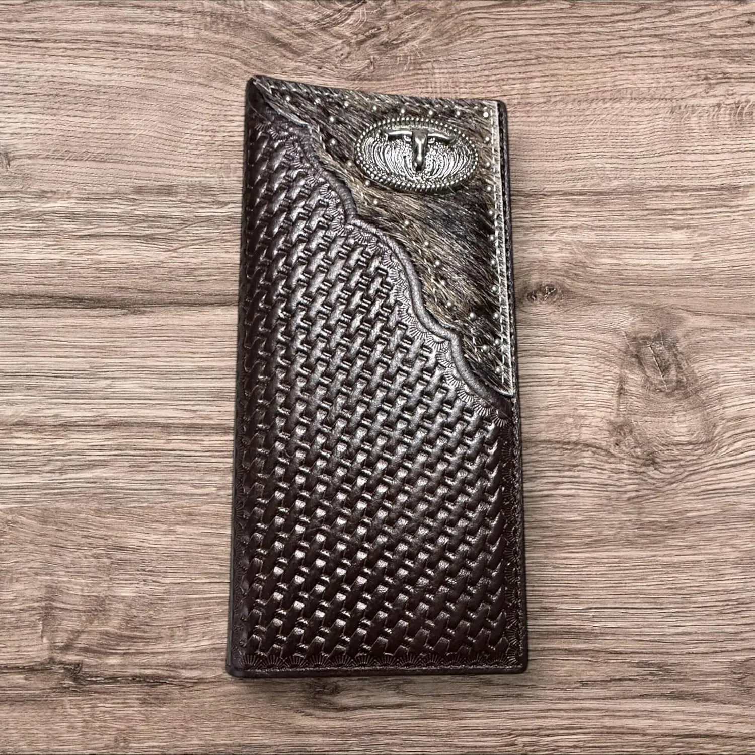 Mens Leather Long Wallet Basketweave Longhorn Concho Cowhair Inlay Cowboy Western Leather Wallet High End Mens Wallets Leather Bull Rider Rodeo Gifts For Men (Coffee)
