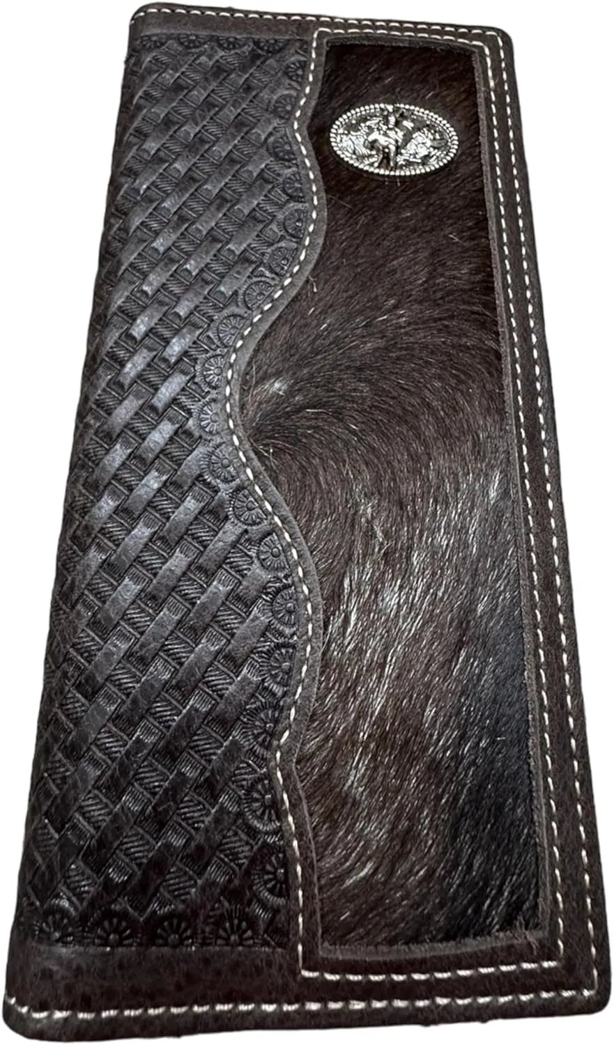 Mens Leather Long Wallet Basketweave Tooled Cow Hair Bull Rider Small Concho Checkbook Style Cowboy Hand Crafted High End Mens Wallets Leather Gifts For Men (Coffee)
