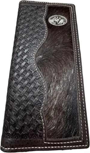 Mens Leather Long Wallet Basketweave Tooled Cow Hair Bull Rider Small Concho Checkbook Style Cowboy Hand Crafted High End Mens Wallets Leather Gifts For Men (Coffee)