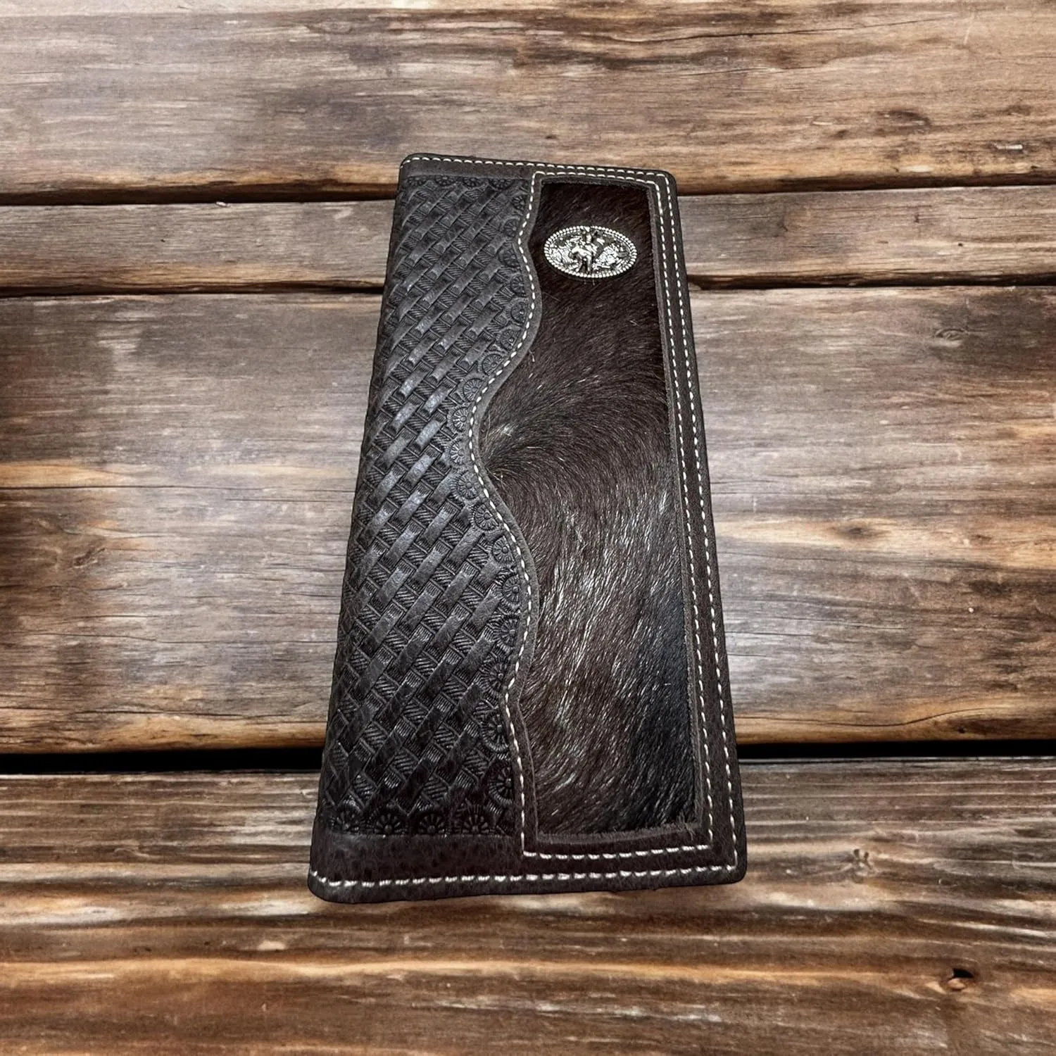 Mens Leather Long Wallet Basketweave Tooled Cow Hair Bull Rider Small Concho Checkbook Style Cowboy Hand Crafted High End Mens Wallets Leather Gifts For Men (Coffee)