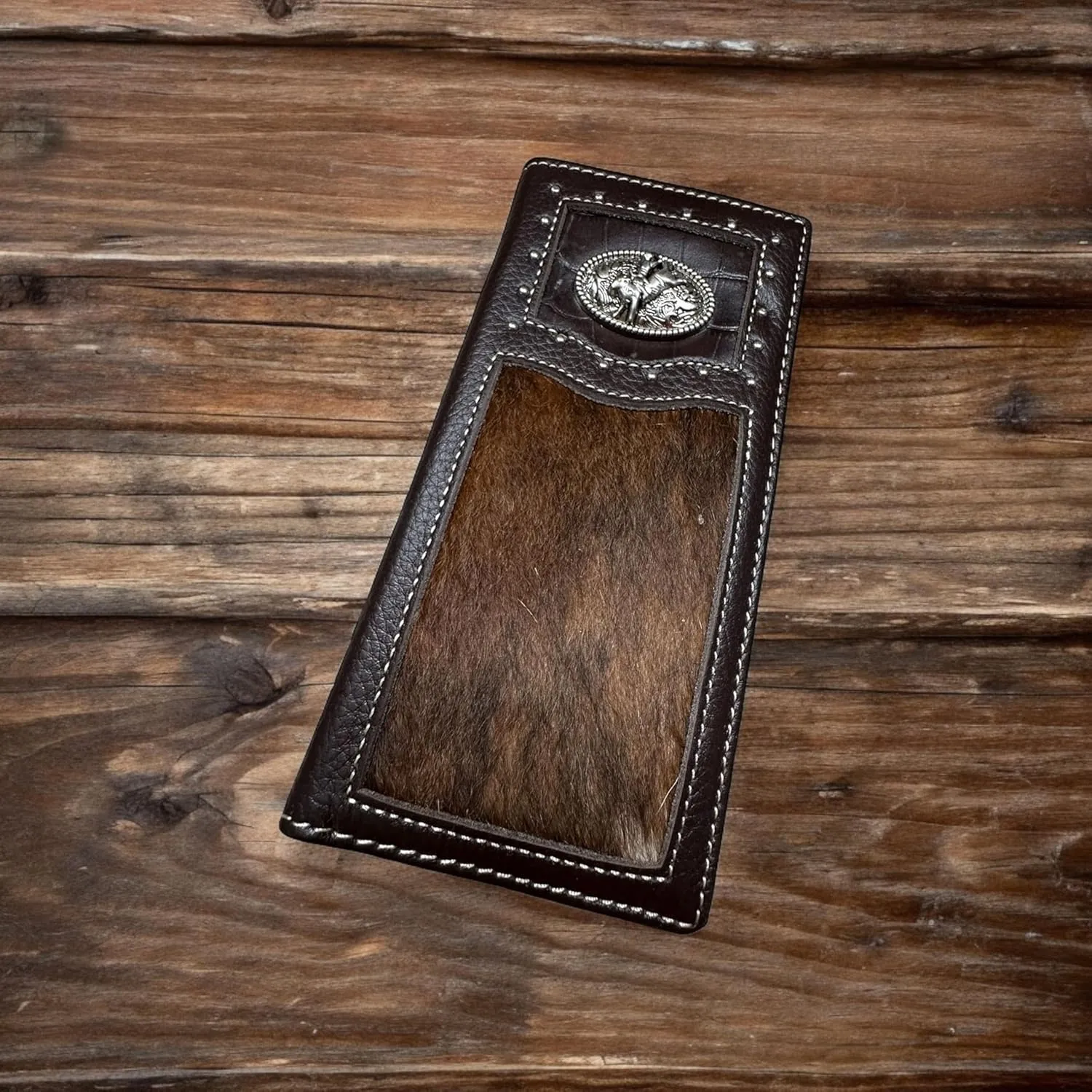 Mens Leather Long Wallet Bull Rider Rodeo Concho Bifold Soft Leather Cow Hair Checkbook Style Cowboy Hand Crafted High End Mens Wallets Leather Gifts For Men (Coffee), WS001