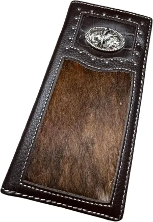 Mens Leather Long Wallet Bull Rider Rodeo Concho Bifold Soft Leather Cow Hair Checkbook Style Cowboy Hand Crafted High End Mens Wallets Leather Gifts For Men (Coffee), WS001