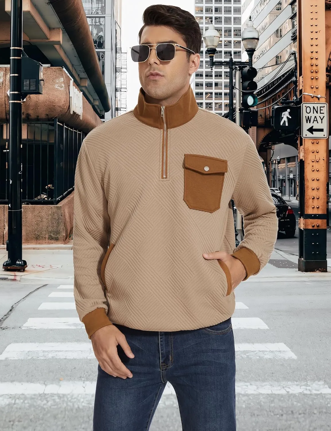 Mens Quarter Zip Pullover Casual Geometric Texture Knit Sweatshirt Long Sleeve Mock Neck Sweater Polo with Pocket