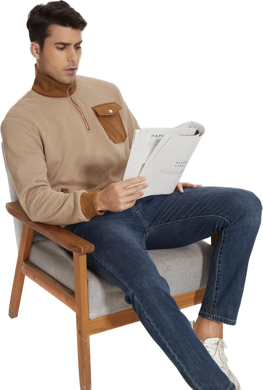 Mens Quarter Zip Pullover Casual Geometric Texture Knit Sweatshirt Long Sleeve Mock Neck Sweater Polo with Pocket