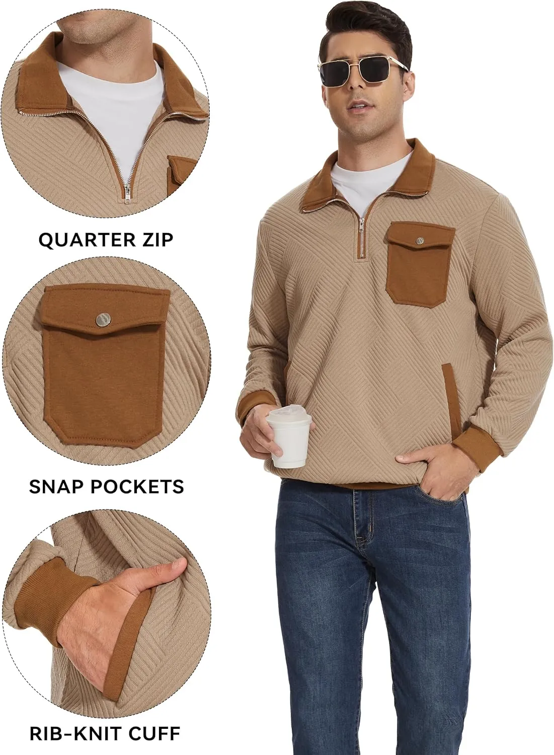 Mens Quarter Zip Pullover Casual Geometric Texture Knit Sweatshirt Long Sleeve Mock Neck Sweater Polo with Pocket