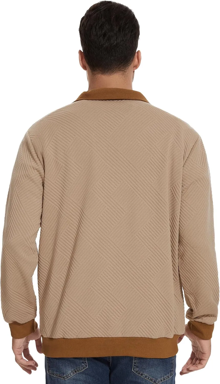 Mens Quarter Zip Pullover Casual Geometric Texture Knit Sweatshirt Long Sleeve Mock Neck Sweater Polo with Pocket