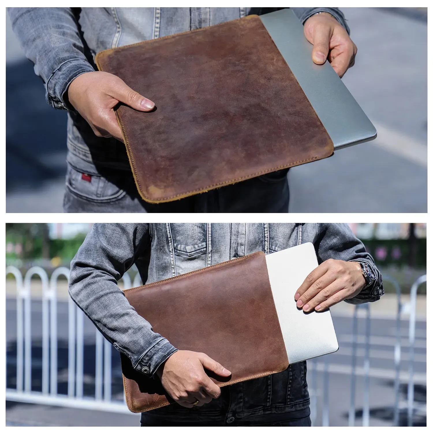 Men's Shockproof Crazy Horse Leather Laptop Sleeve