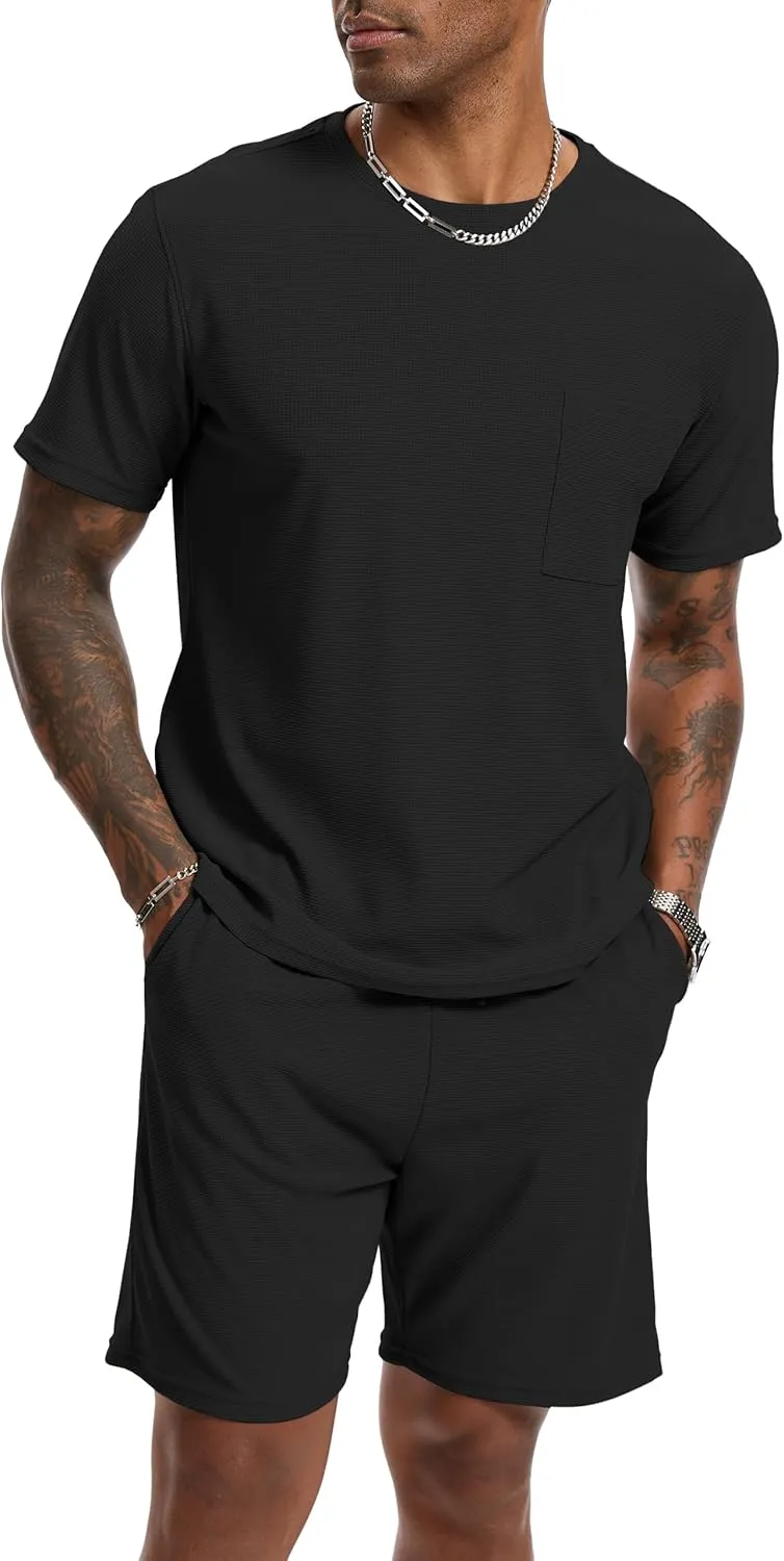 Mens Short Sets 2 Piece Outfits Fashion Summer Tracksuits Casual Set Short Sleeve and Shorts Set for Men