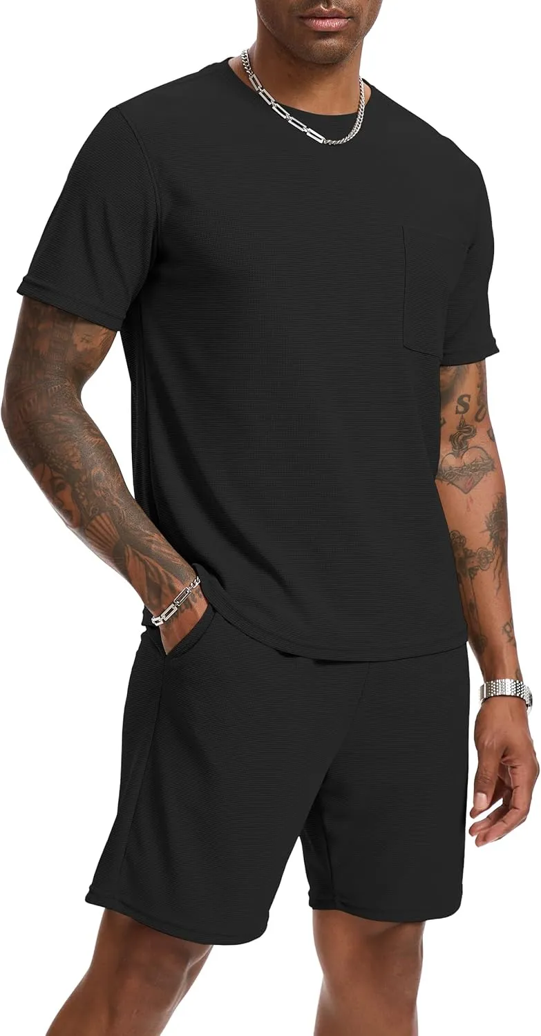 Mens Short Sets 2 Piece Outfits Fashion Summer Tracksuits Casual Set Short Sleeve and Shorts Set for Men
