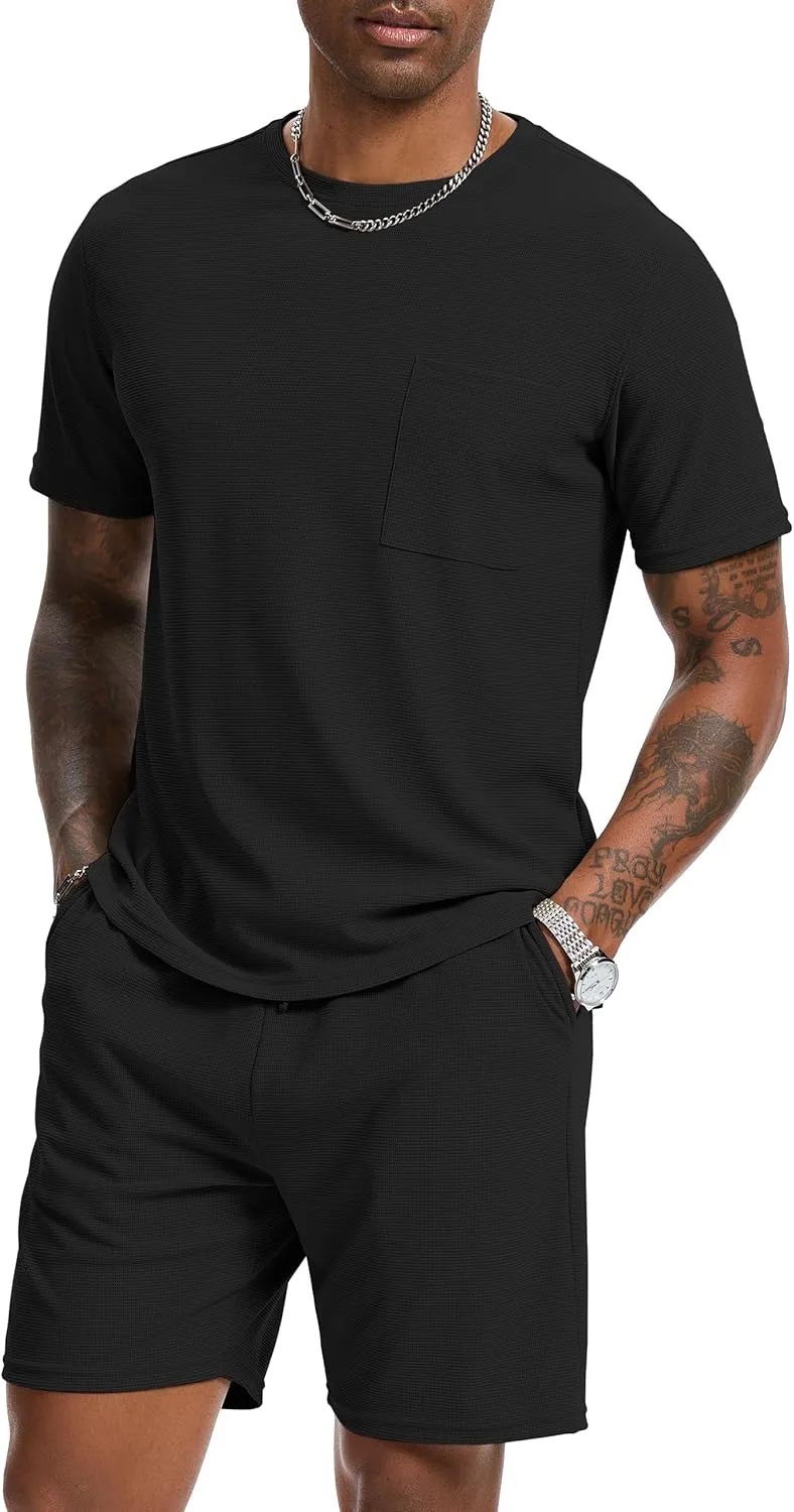 Mens Short Sets 2 Piece Outfits Fashion Summer Tracksuits Casual Set Short Sleeve and Shorts Set for Men