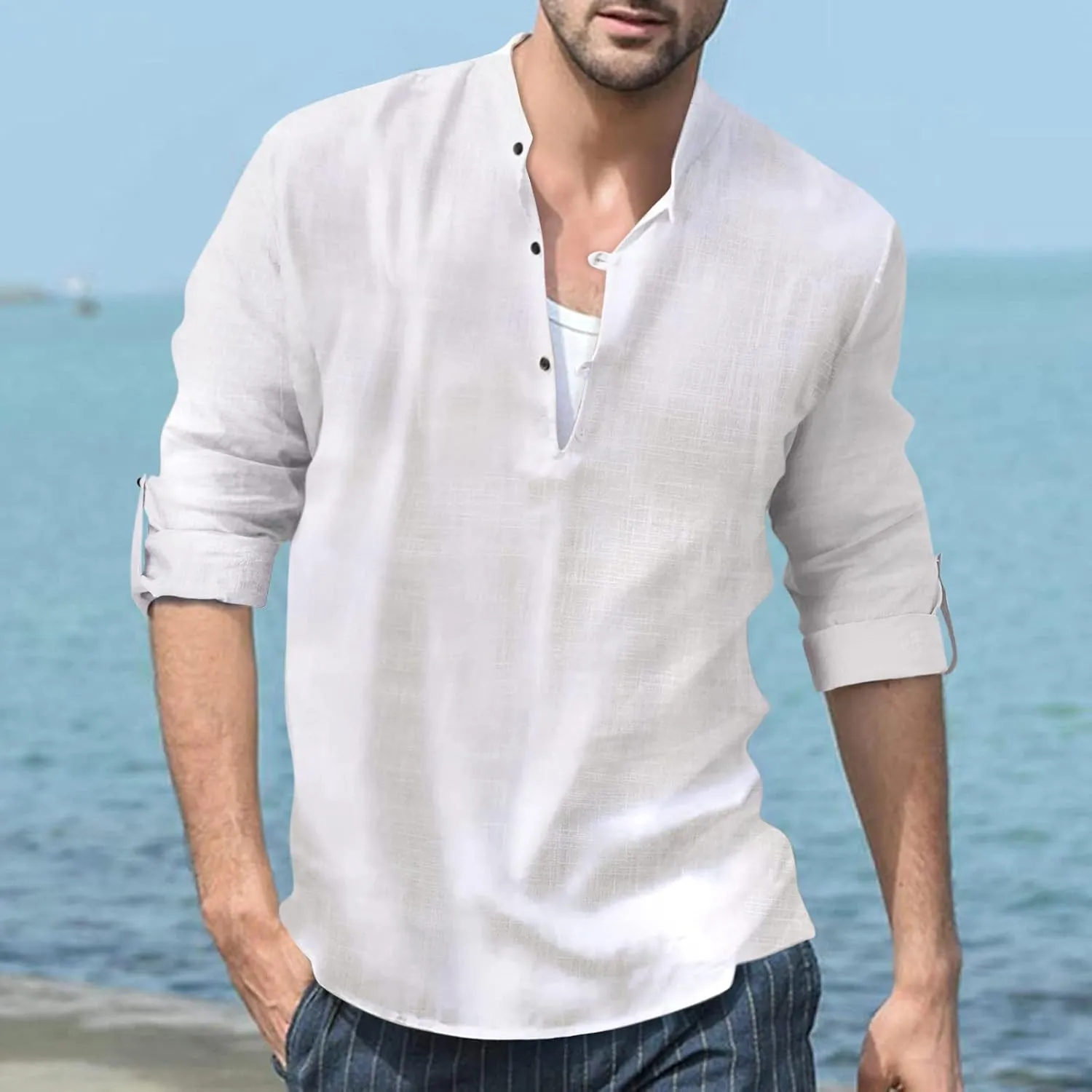 Men's Trendy Banded Collar Henley Shirts Loose Fit Roll Up Sleeve Frog Button Up Lightweight Casual Summer Beach Hippie Tops