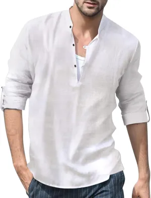 Men's Trendy Banded Collar Henley Shirts Loose Fit Roll Up Sleeve Frog Button Up Lightweight Casual Summer Beach Hippie Tops