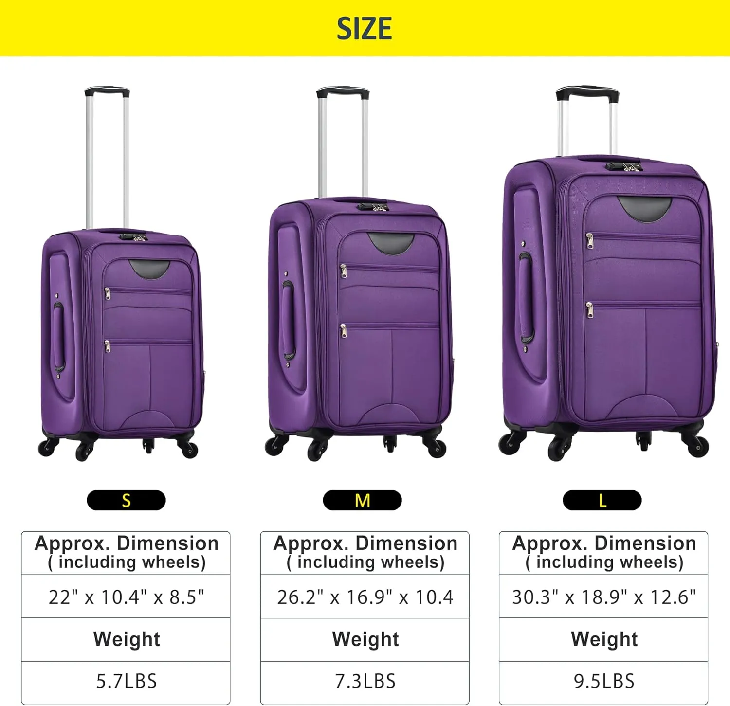 Merax 3 Piece Softside Luggage Set, Upright Spinner Softsehll Lightweight Suitcase Travel Set with Spinner Wheels and TSA Lock, Purple