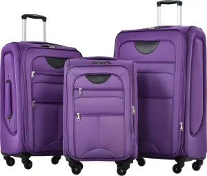 Merax 3 Piece Softside Luggage Set, Upright Spinner Softsehll Lightweight Suitcase Travel Set with Spinner Wheels and TSA Lock, Purple