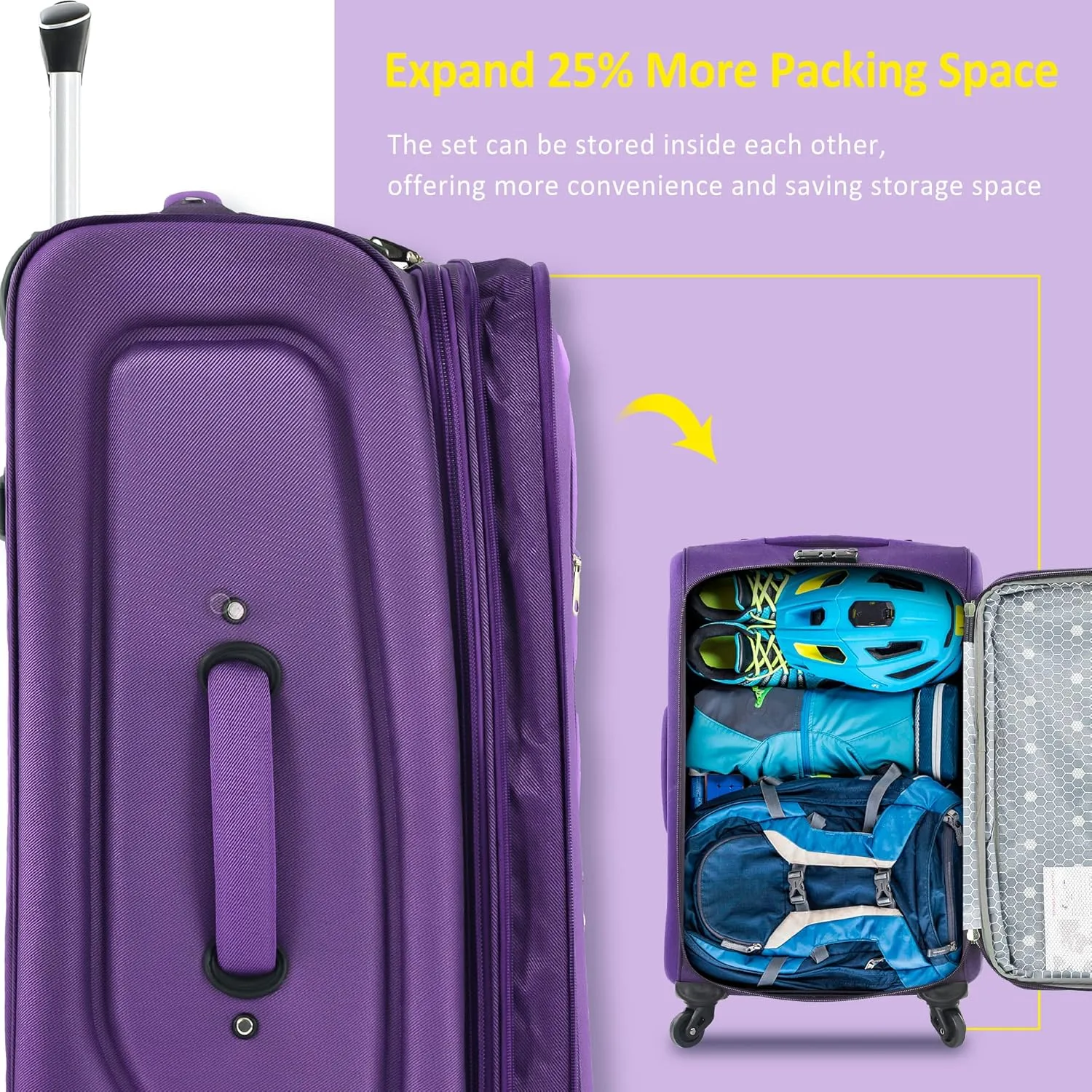 Merax 3 Piece Softside Luggage Set, Upright Spinner Softsehll Lightweight Suitcase Travel Set with Spinner Wheels and TSA Lock, Purple
