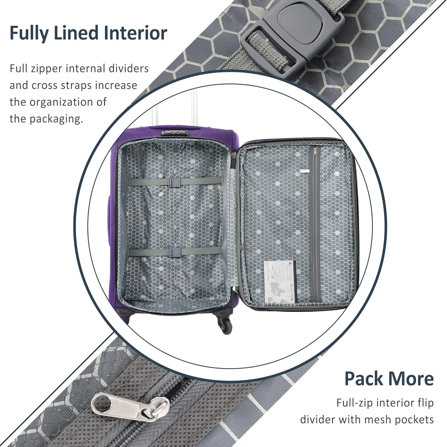 Merax 3 Piece Softside Luggage Set, Upright Spinner Softsehll Lightweight Suitcase Travel Set with Spinner Wheels and TSA Lock, Purple