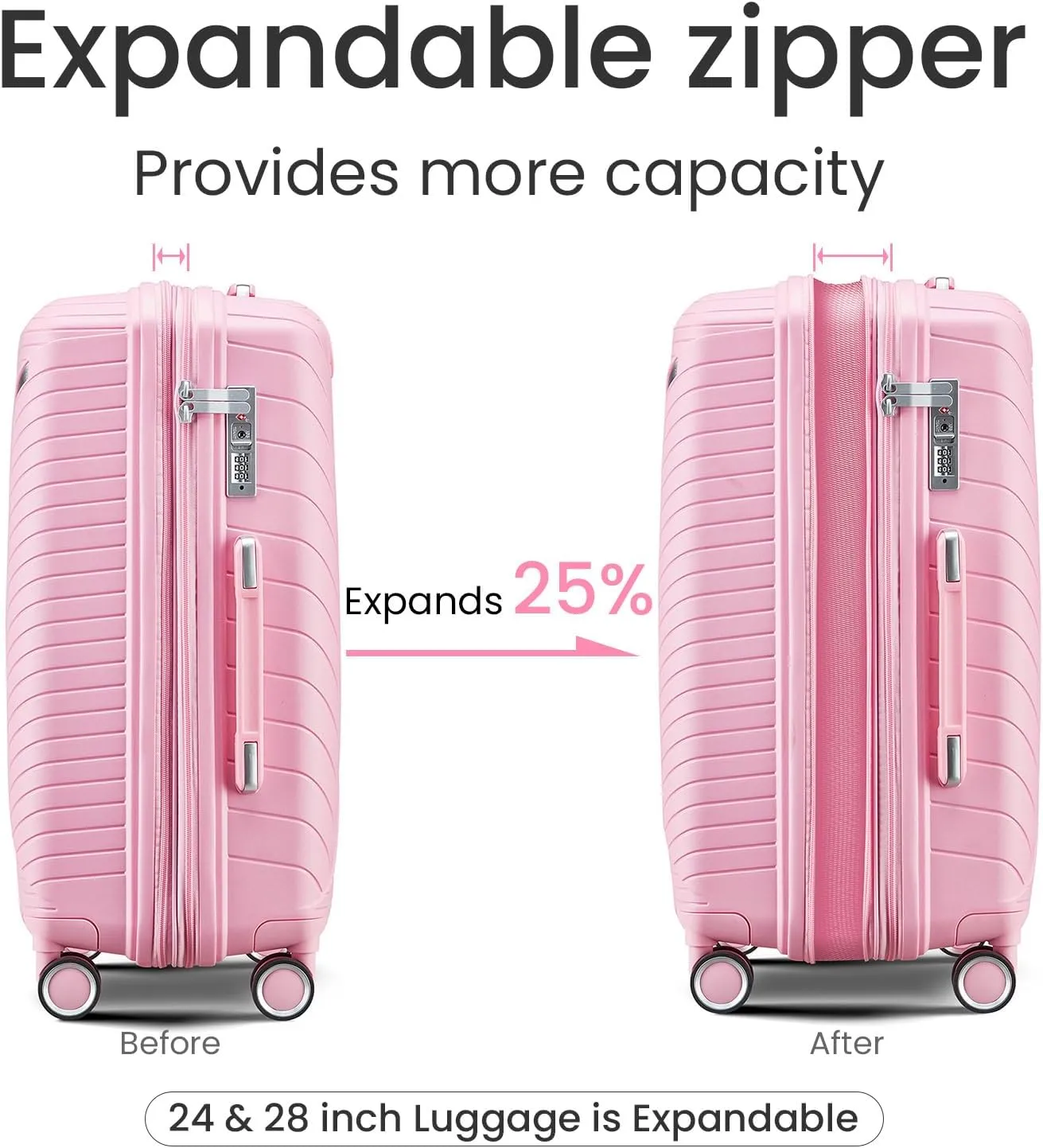 Merax 4-Piece Expandable Luggage Set (14/20/24/28 Inch) Lightweight Hardshell Suitcase with 360° Silent Spinner Wheels, TSA Lock, Waterproof for Family Travel (Pink, 4-Piece Set)