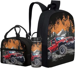 Merkmak Car Boys Backpack 3 Pcs Set for Age 3-9 Kids Cool Bookbag 17 Inch for 2Nd 3Rd 4Th Children School Bag Lightweight Daypack for Child Elementary Book Bags with Lunchbox