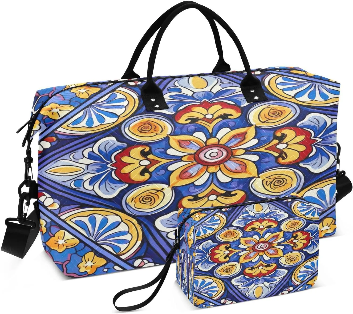 Mexican Ceramic Tile Travel Duffel Bag, Shoulder Weekender Overnight Bags - Large Gym Bag with Wet Pocket