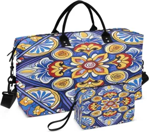 Mexican Ceramic Tile Travel Duffel Bag, Shoulder Weekender Overnight Bags - Large Gym Bag with Wet Pocket