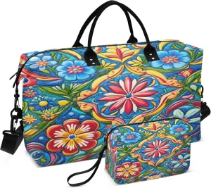 Mexican Style Ceramic Tiles Travel Duffel Bag for Women Weekend Overnight Dag with Toiletry Bag, Luggage Bag for Travel, Sport, Gym