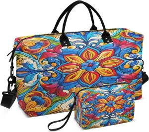 Mexican Tile Flowers Travel Duffel Bag, Shoulder Weekender Overnight Bags - Large Gym Bag with Wet Pocket