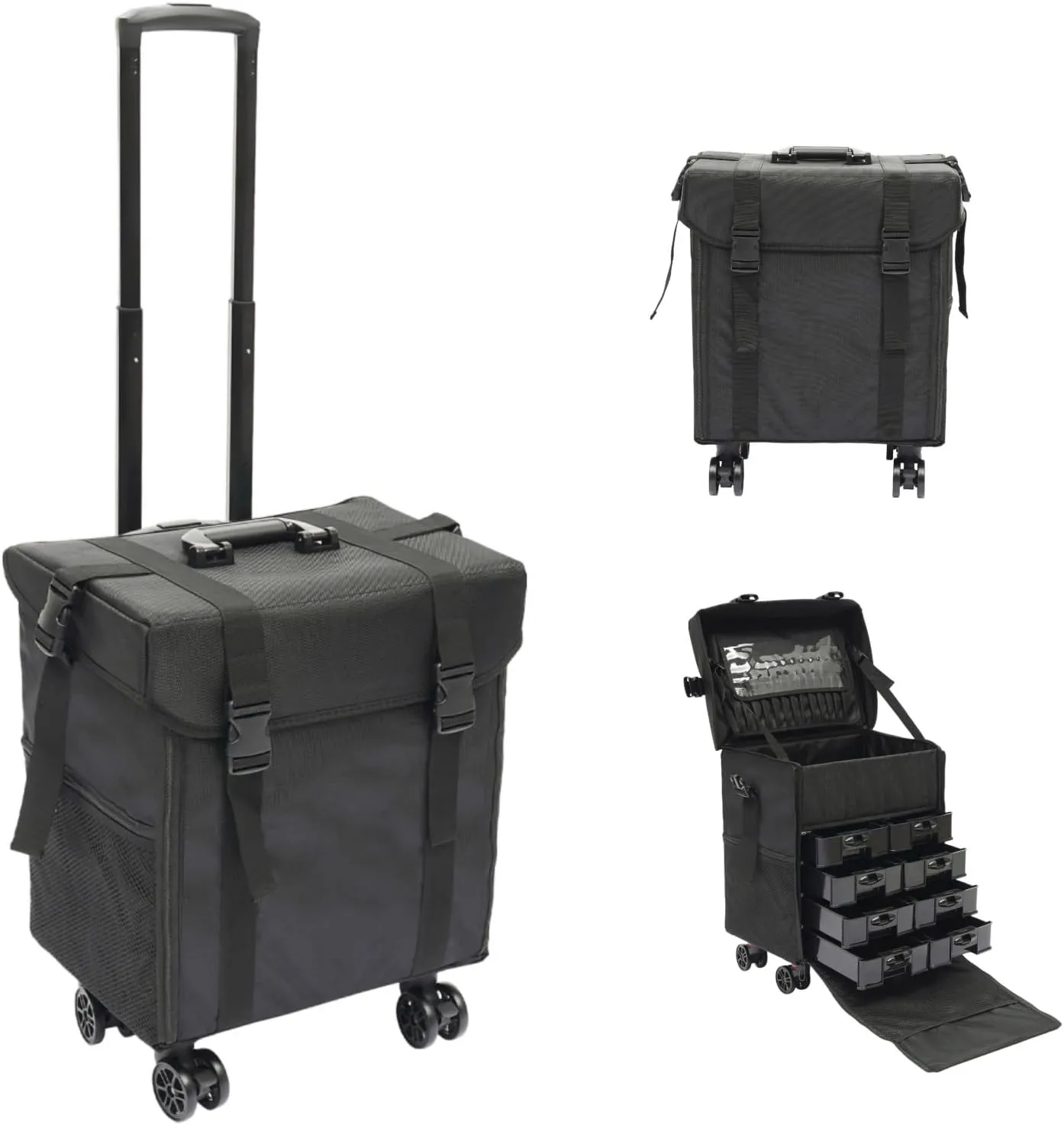 mignonnememe Rolling Makeup Train Case Cosmetology Case on Wheels Make Up Suitcase Cosmetic Trolley Portable Travel Supply Station for Makeup Artist Nail Technician Hair Stylist Black