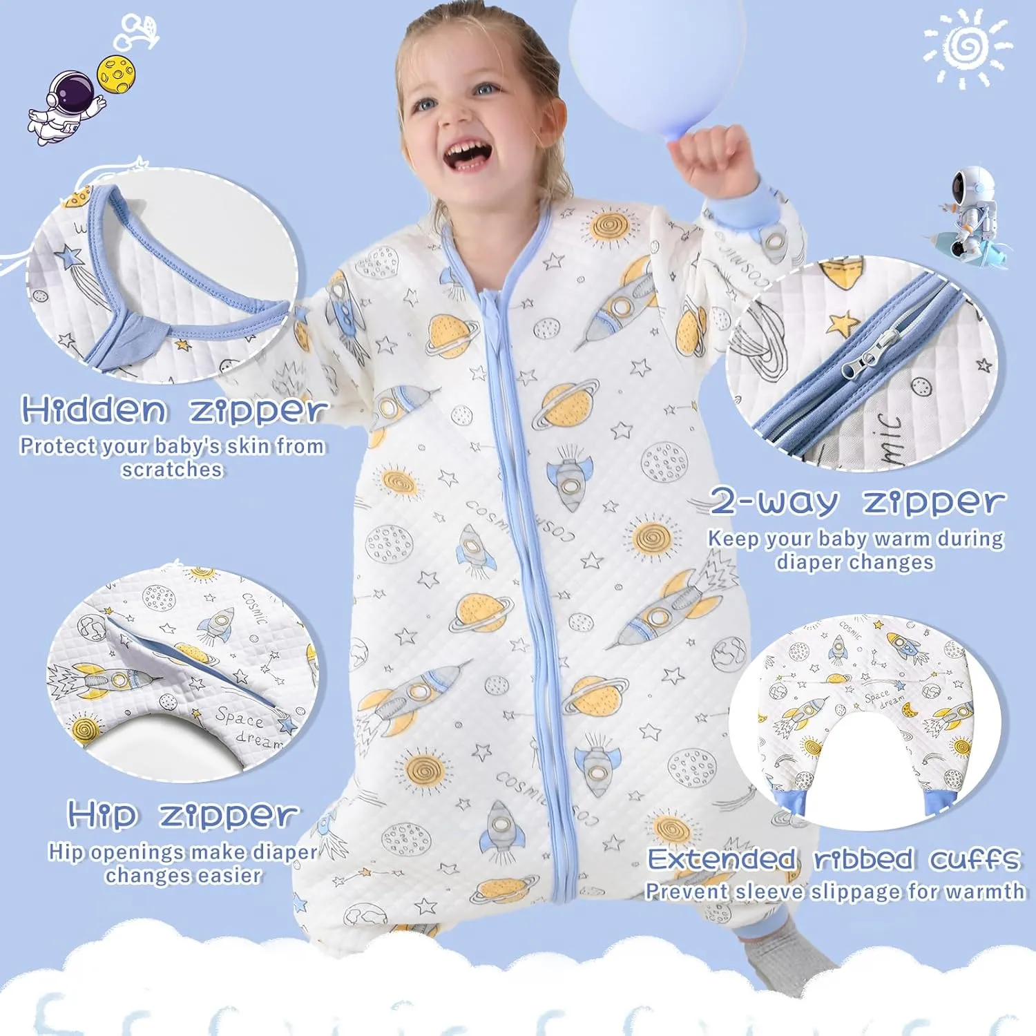 Miipat Toddler Sleep Sack with Feet 1.5 TOG Sleeping Bag Long Sleeves Unisex Dinosaur Wearable Blanket for Early Walkers 1-5T