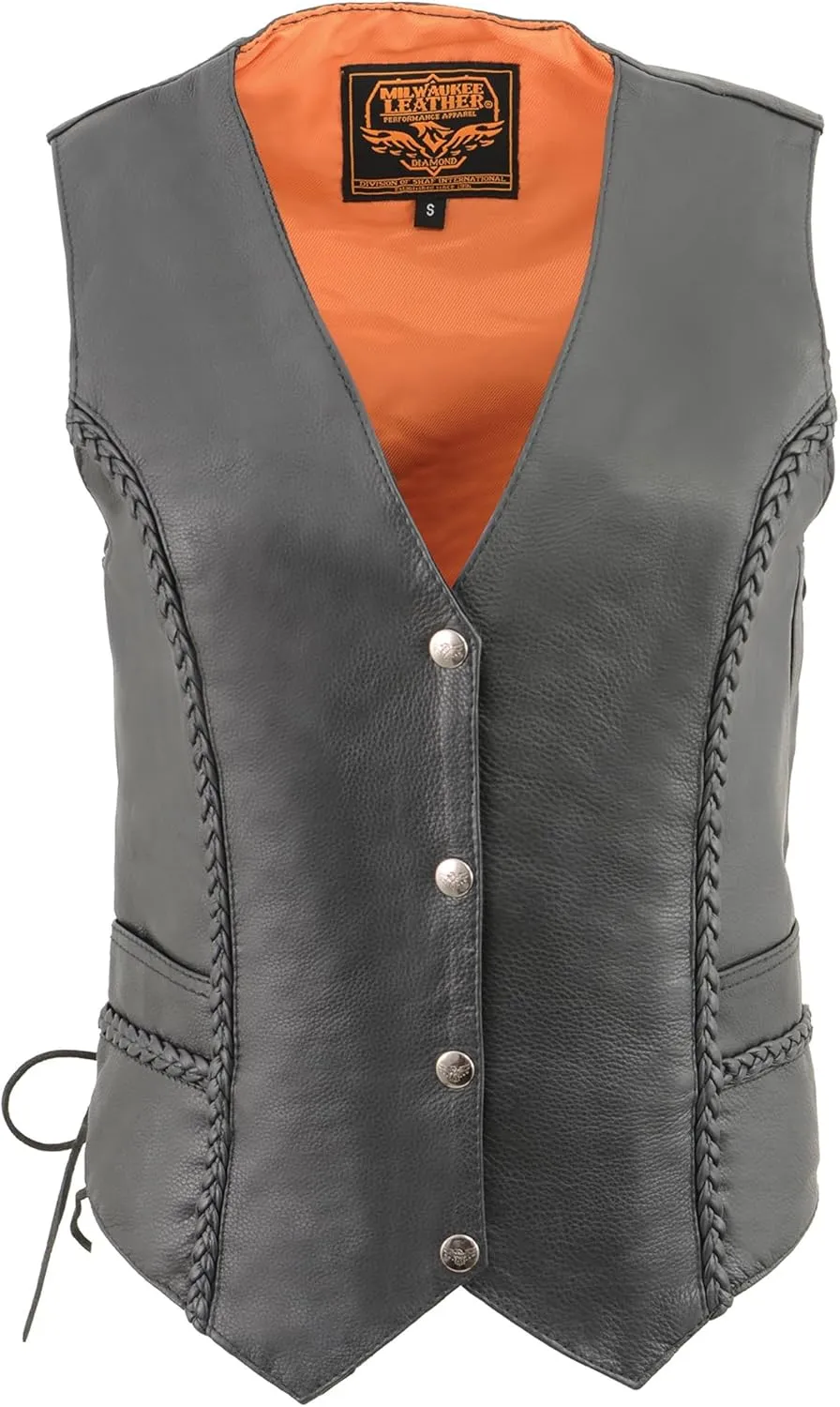 Milwaukee Leather Women's Braided Black Naked Leather Side Lace V-Neck Motorcycle Rider Vest ML1255