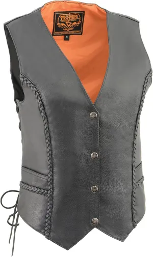 Milwaukee Leather Women's Braided Black Naked Leather Side Lace V-Neck Motorcycle Rider Vest ML1255
