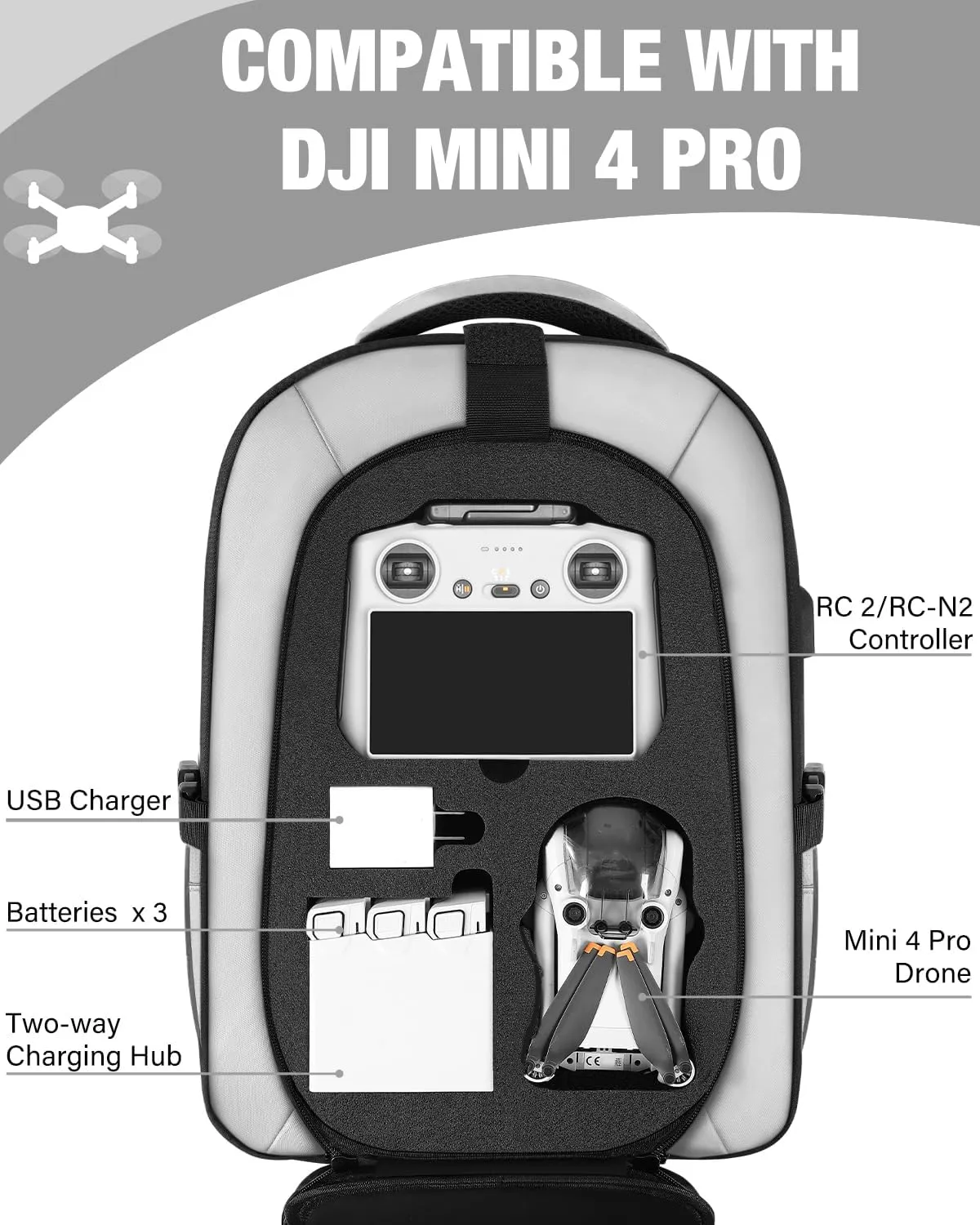 Mini 4 Pro Case, Waterproof Hard Carrying Case, Large Drone Bag Fits 15.6 Inch Laptop, Travel Backpack Compatible with DJI Mini 4 Pro, RC 2/ RC-N2 Controller, Fly More Combo and Accessories
