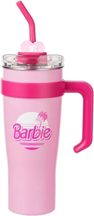 MINISO Fancy Barbie Collection Stainless Steel Tumbler (1600mL)-Light Pink With Handle And Straw Insulated Travel Coffee Mug For Women Girls