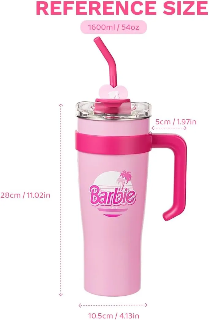 MINISO Fancy Barbie Collection Stainless Steel Tumbler (1600mL)-Light Pink With Handle And Straw Insulated Travel Coffee Mug For Women Girls