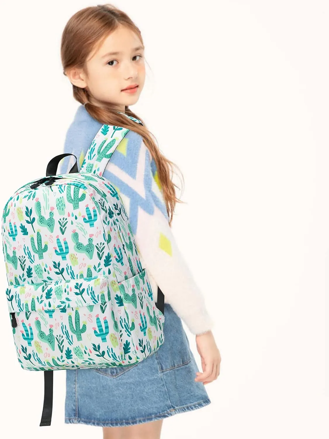MIRLEWAIY 15.7 inch Kids Travel Backpack for School Girls Elementary, Cactus