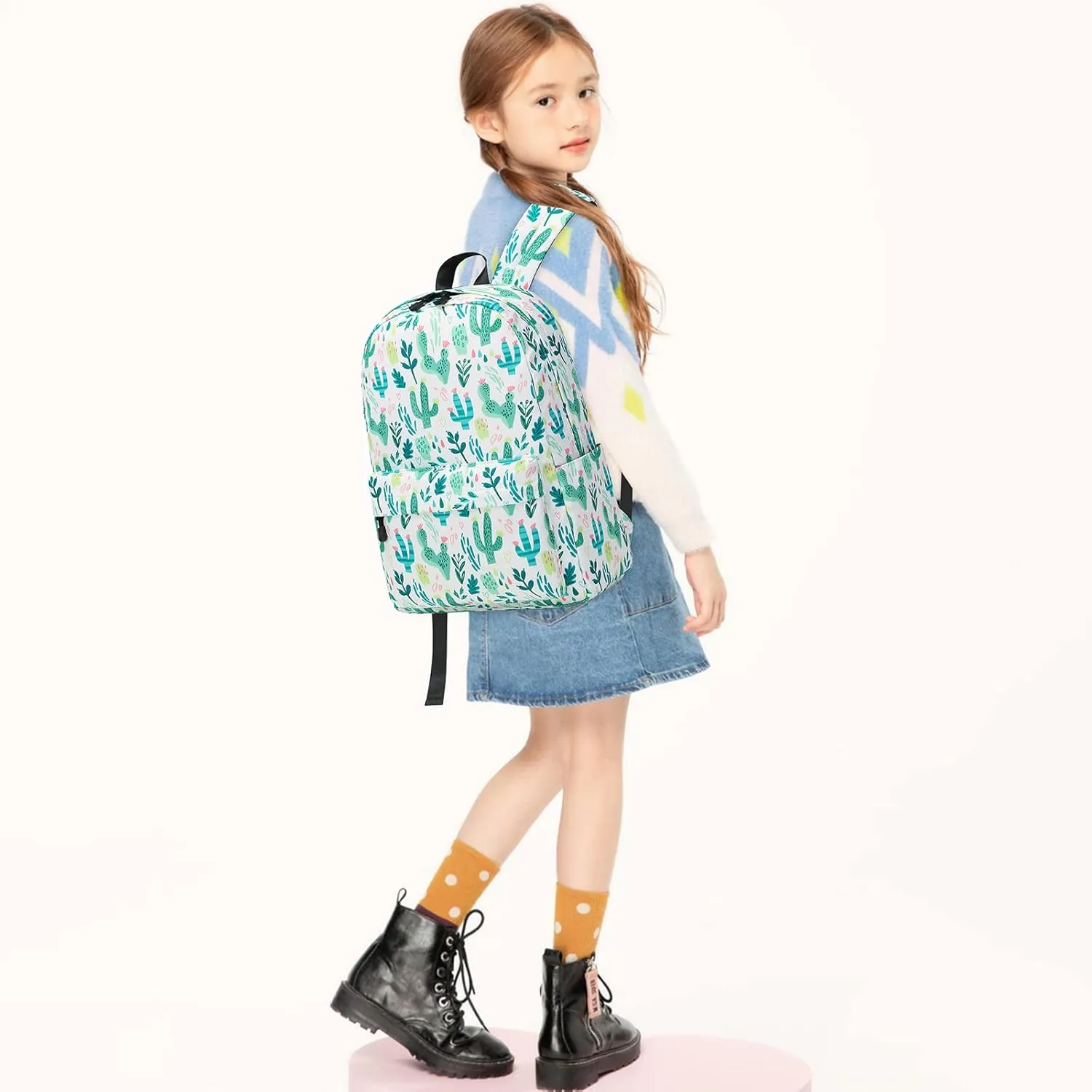 MIRLEWAIY 15.7 inch Kids Travel Backpack for School Girls Elementary, Cactus