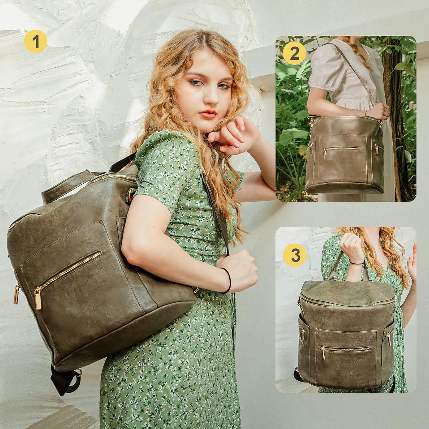 miss fong Diaper Bag Backpack Baby Diaper Bag, Large Leather Diaper Backpack with 16 Pockets Travel Diaper Bag with Diaper Changing Pad, Stroller Straps & 2 Insulated Pockets (Convertible, Forest)