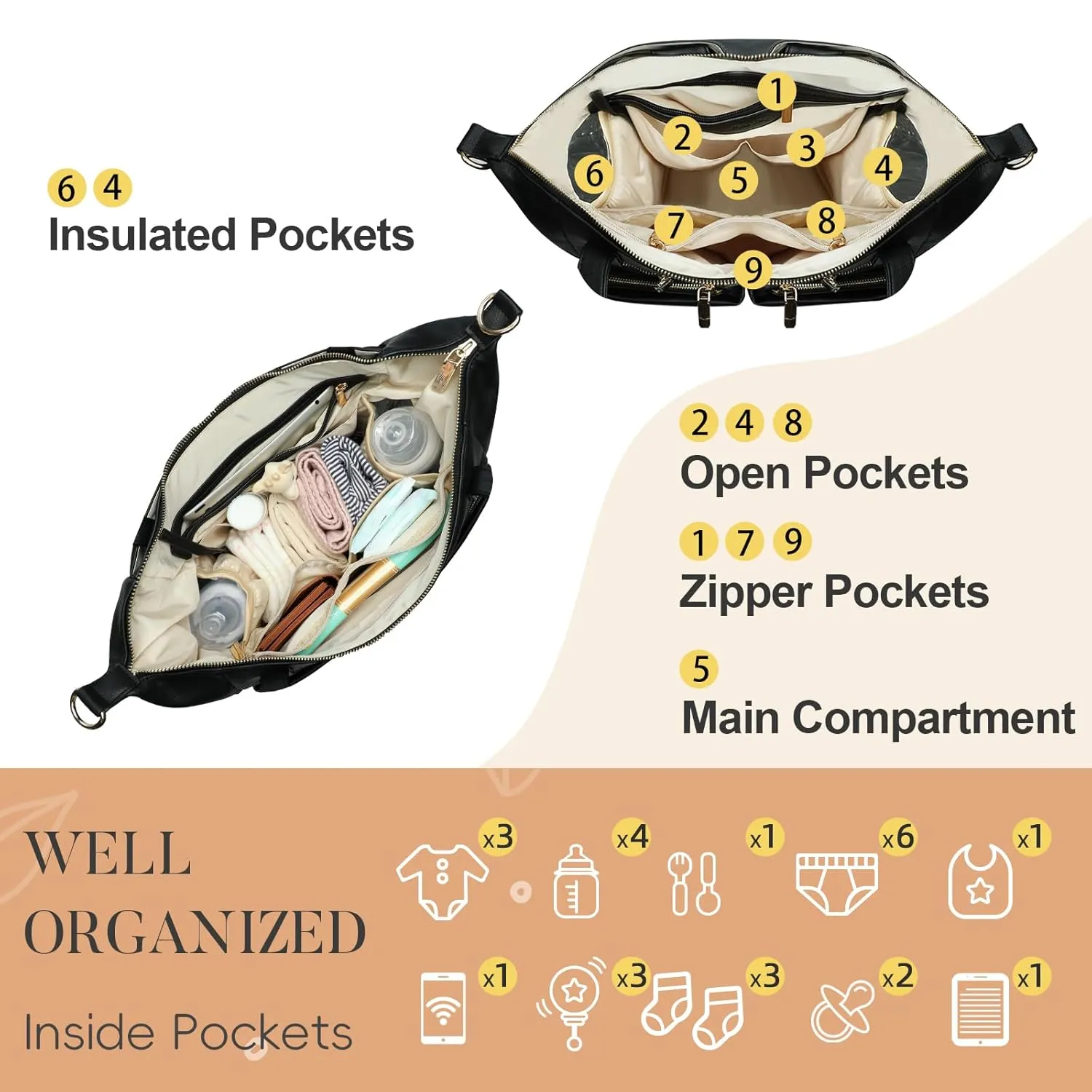 miss fong Diaper Bag Tote Baby Bag Leather Diaper Bag Backpack Large Diaper Tote Bag for girls & boys Diaper Bag Purse with 11 Diaper Bag Organizer,Changing Pad, Stroller Straps,4 Insulated Pockets