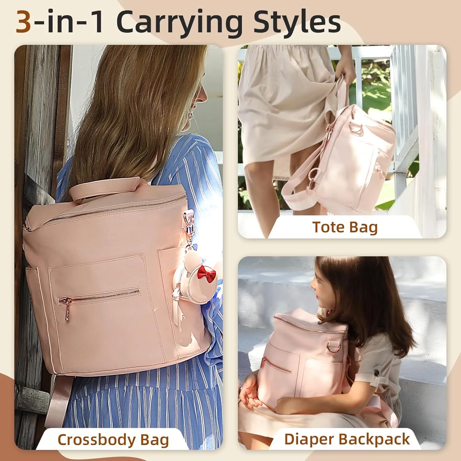 miss fong Mini Diaper Bag Leather, Small Diaper Bag with in Bag Organizer, Insulated Pocket and Shoulder Strap(Pink Rose)…